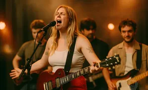 A female singer with blonde hair, wearing a white tank top and red pants, sings into a microphone while playing a red electric guitar on stage with her …