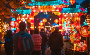 People walk through a colorful Chinese lantern festival at night.