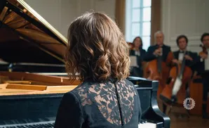 A woman with curly brown hair plays a grand piano, with an orchestra behind her.