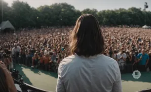 A performer with long hair faces a large, cheering crowd at an outdoor concert.