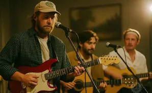 A band of three men playing guitars and singing into microphones, with a focus on the lead singer in a plaid shirt and baseball cap.