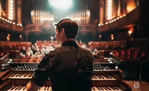 A man plays a pipe organ in a concert hall before an audience.
