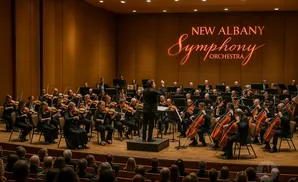 A symphony orchestra performs on stage, with the 