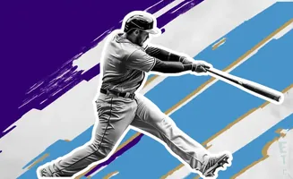A baseball player swings a bat against a graphic background with purple and blue stripes.