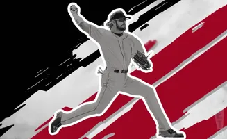 A baseball pitcher throws a pitch with motion lines against a black and red background.