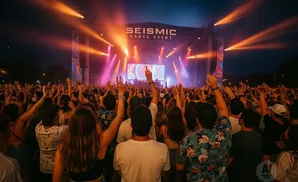 Crowd with hands in the air at a nighttime outdoor concert with stage lights.