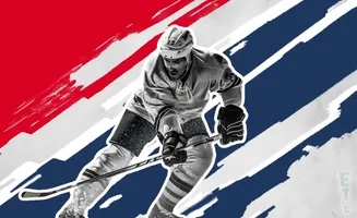 A black and white image of a hockey player in action against a red, white, and blue striped background.