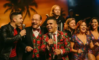 A band performs on stage, with singers in matching floral suits and sequined outfits, and musicians playing instruments.