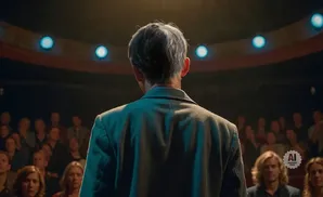 A man in a suit faces away from the camera, speaking to an audience in a dimly lit theater.