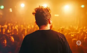 Back view of a man with a mohawk facing a blurry, lit-up crowd at a concert.