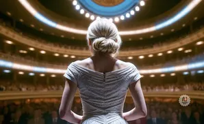 Woman in a white dress on stage facing an audience in a theater.