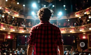 A person in a red plaid shirt stands on a stage in a theatre, facing an audience.