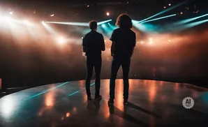 Two men stand on a stage under dramatic spotlights, facing away from the camera.