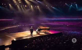 Pianist on stage with grand piano facing a large, dark crowd under colorful stage lights.