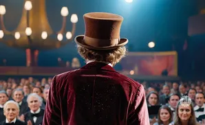 A man in a top hat and velvet suit stands facing an audience in a dimly lit theater.