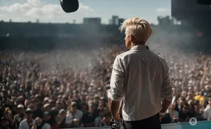 A blond man in a white shirt stands on stage facing a large, cheering crowd at an outdoor concert.