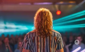 Back of person with long, curly blonde hair and a striped shirt, facing a crowd with blue and pink stage lights.