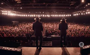 Two performers in hats stand on stage before a large, excited audience.