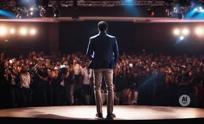 Man in a blue suit on stage facing a crowd of people holding cameras and phones.