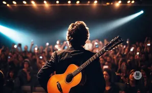 Guitarist playing on stage with audience holding up phones, stage lights illuminate the scene.