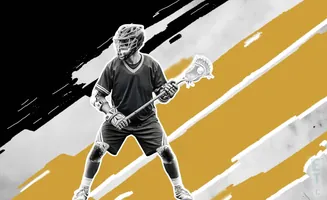 A lacrosse player in uniform holds a stick with a ball in the net against a black and gold abstract background.