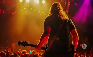 Guitarist with long hair on stage, silhouetted against bright lights, playing to a cheering crowd.