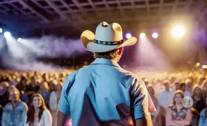 Man in a cowboy hat on stage faces a crowd at a concert.