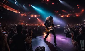 A guitarist performs on stage at a concert in front of a cheering crowd.