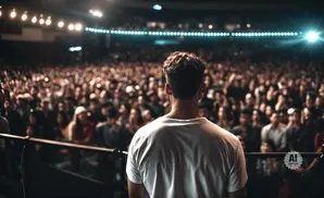 A man in a white t-shirt faces a large, cheering crowd at a concert.