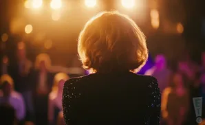 Back view of a woman with blonde hair and a sequined jacket on stage, with audience and lights blurred in background.