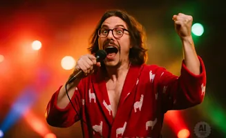 Man in a red llama robe singing into a microphone with fist raised on a stage with colorful lights.