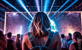 Woman in sequined top facing away from camera at a concert with bright lights and confetti.