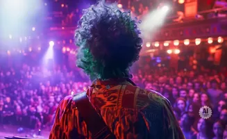 A person with curly hair from behind, facing a crowd at a concert.
