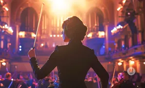 A conductor leads an orchestra in a grand hall, bathed in dramatic stage lighting.