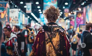 Person with spiky hair wearing a decorative cape walks through a crowded convention hall.