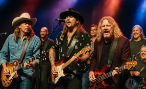 A band performs on stage with three lead singers and guitarists.