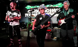 A band plays on stage, with a singer holding a ukulele, a bassist, and a guitarist.
