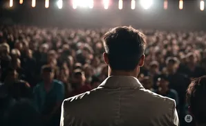 Man in a light jacket addresses a large, dimly lit audience.