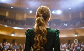 Back view of a woman with blonde hair in a ponytail, wearing a green dress on a stage in front of an audience.