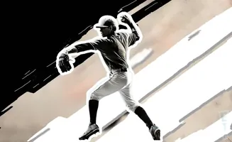 A baseball pitcher in mid-throw, silhouetted against a stark black and white abstract background.