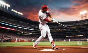 A baseball player in a red helmet and white uniform swings a bat at a stadium during a sunset.