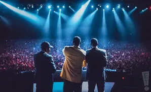 Three men in suits and hats on stage, facing a cheering crowd under bright blue spotlights.