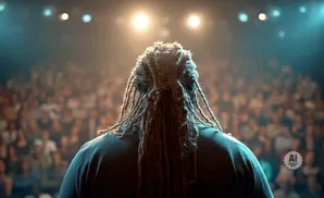 A person with dreadlocks faces away from the camera, looking at a large audience in a dimly lit venue.