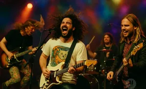 A rock band plays on stage with the lead singer screaming and playing guitar, flanked by other band members.