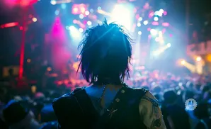 Person with spiky hair facing a concert crowd with colorful lights.
