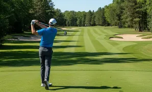 Golfer swings on a sunny golf course with sand traps and trees.