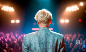 Man with blond hair in a patterned suit facing away from the camera on a stage.