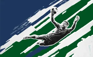A soccer goalie leaps to catch a ball against a backdrop of blue, green, and white stripes.