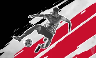 A soccer player in mid-air kicks a ball, with bold red and black streaks in the background.