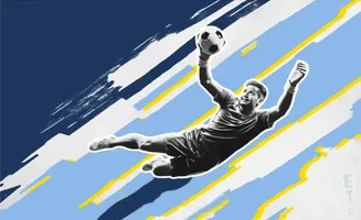A Black and white image of a male soccer goalie diving to catch a ball, against a backdrop of blue and light blue stripes and brush strokes.